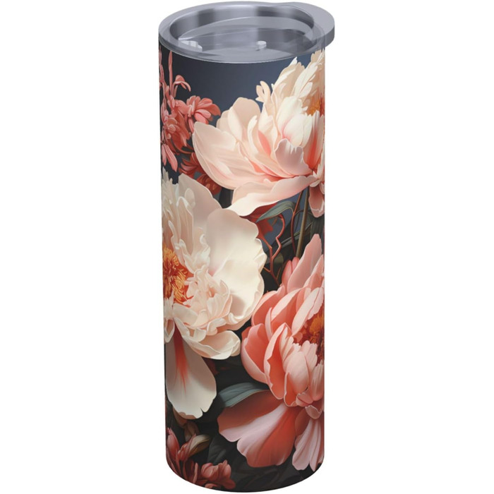 Кухоль з прямою трубочкою, 590 мл, яскраво-білі півонії, принт, дорожній кухоль, підходить для кемпінгу, офісу та дому.
