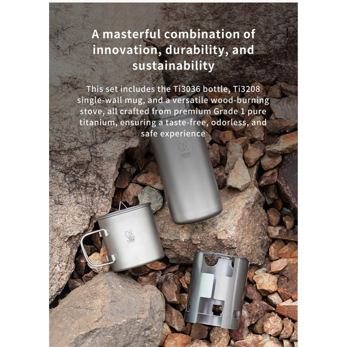 Набір для гніздування Keith Titanium Ti3070 - надлегка титанова пляшка, чашка та дров&39яна піч без пластику з полотняною сумкою для перенесення - міцний, портативний та екологічно чистий для кемпінгу, походів та