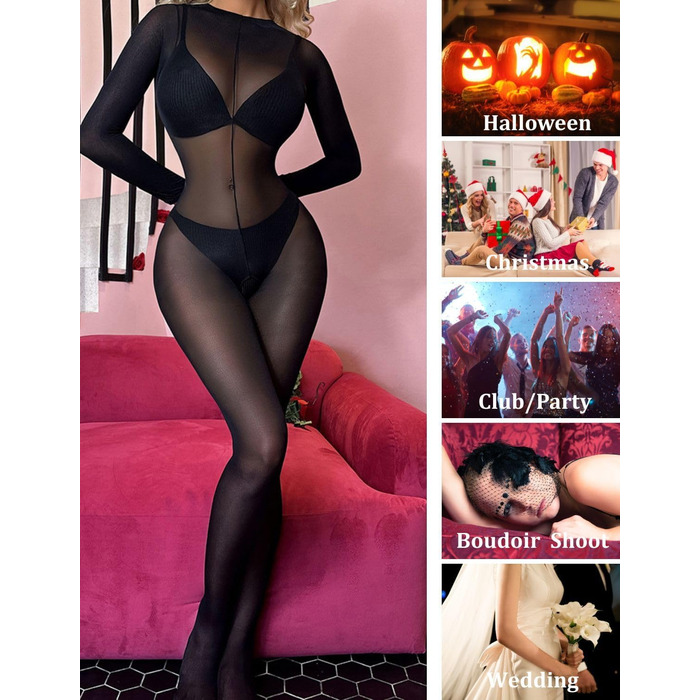 Прозорий жіночий боді-сітка, з довгими рукавами, чорний, універсальний розмір
