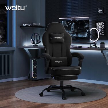 Ігрове крісло WOLTU, тканина зі зручною пружинною подушкою, прохолодне влітку, ергономічне ігрове крісло високої вантажопідйомності з підголівником, поперековою подушкою, підставкою для ніг, технічна тканина, чорний колір