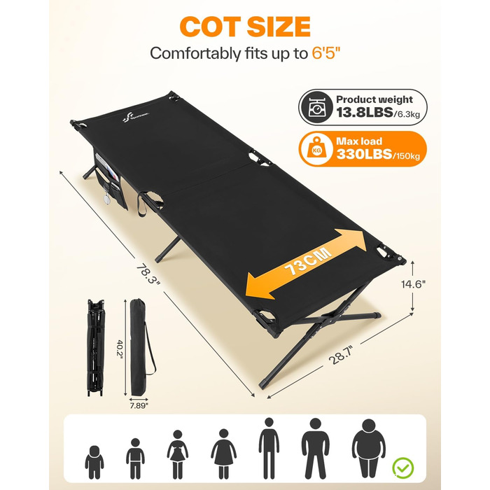 Розкладне ліжечко Sportneer 199 x 73 см, складне кемпінгове ліжко, складне гостьове ліжко для кемпінгу, походів, подорожей на природі, пляжу, саду на свіжому повітрі, використання в приміщенні, чорне