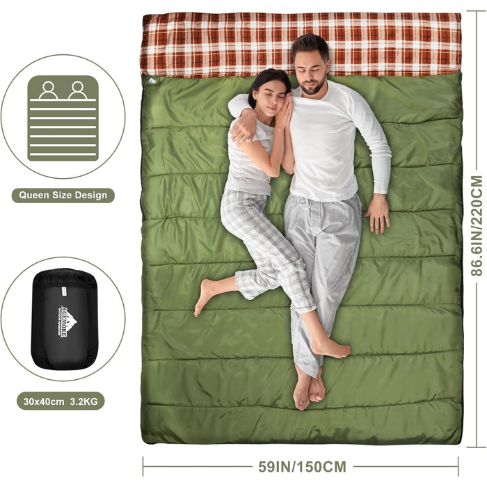 Бавовняний фланелевий спальний мішок для кемпінгу, походів або трекінгу. Водонепроникний спальний мішок розміру &quotqueen-size&quot для дорослих або підлітків. Підходить для вантажівок, наметів або спальних мішків. Легкий, зелено-коричневий.