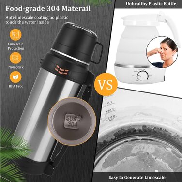 Вакуумно-ізольована пляшка місткість 2 л, металева пляшка для води з нержавіючої сталі для гарячих та холодних напоїв, термопляшка з чашкою без бісфенолу А, портативна дорожня пляшка для води з ручкою для перенесення, 2000 мл