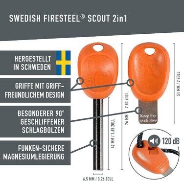 Кресало для виживання LIGHT MY FIRE Outdoor Scout 2-в-1 з аварійним свистком, кресало та кремінь для розпалювання вогню, вічне сірництво з ручкою з біопластику (3000 запалювань), колір іржаво-помаранчевий. Розмір без розміру.