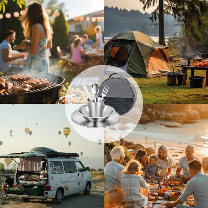 Набір столових приборів для кемпінгу на 2 особи набір кемпінгового посуду зі столовими приборами з нержавіючої сталі, тарілками, мисками та склянками. У комплекті чохол для столових приборів. Портативний набір посуду для активного відпочинку, пікніків та 