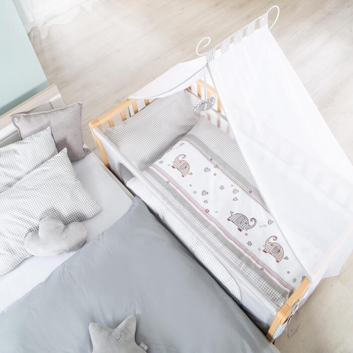 Дитяче ліжечко roba Side-by-Side 60 x 120 см - Jumbotwins - Прикріплене дитяче ліжечко - Включає матрац, постільну білизну, балдахін у формі слона - Мобільне та регульоване по висоті - Натуральне дерево / Jumbotwins