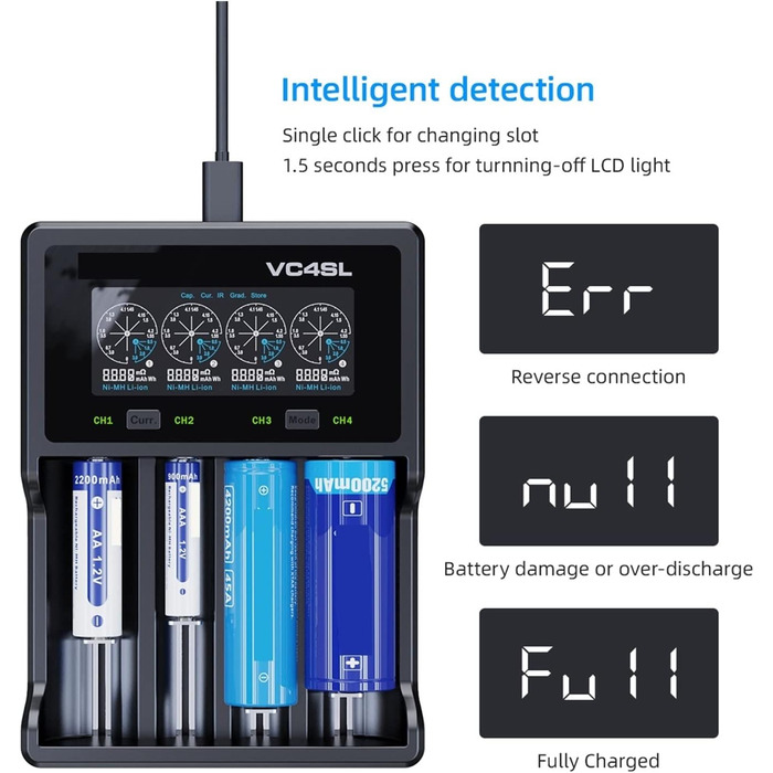 Зарядний пристрій USB C 18650 battey QC3.0 для швидкої зарядки літій-іонного акумулятора 18700 20700 26650 21700 AAA AA VC4SL для автомобіля, газонокосарки, мотоцикла, човна