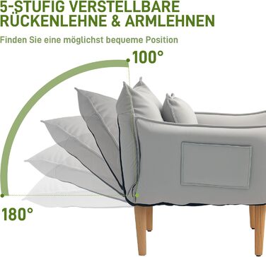 Крісло HOMCOM 2-в-1, м&39яке крісло з регульованою спинкою, м&39яке одномісне крісло з подушкою, крісло-шезлонг на дерев&39яних ніжках для вітальні, тканина з мікрофібри, світло-сірий колір