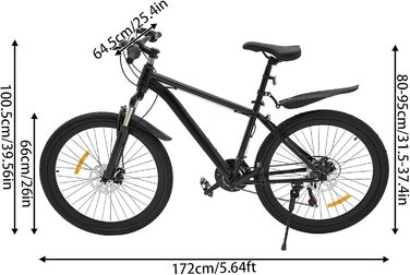 Дюймовий гірський велосипед з 21-швидкісною коробкою передач, підходить для хлопчиків та дівчаток, передні та задні дискові гальма, регульоване сидіння для гірських пригод та їзди містом, чорний, 26-