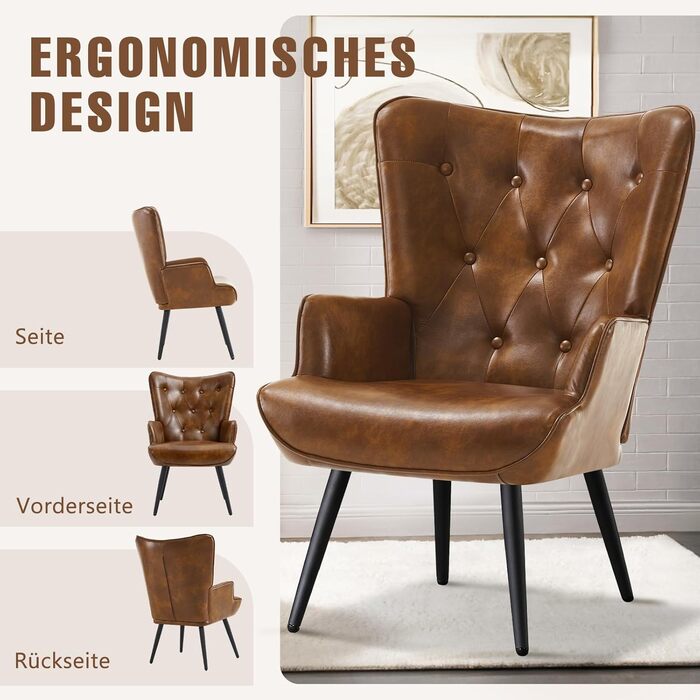 Крісло з відкидною спинкою, крісло для вітальні, реклайнер у скандинавському стилі, штучна шкіра з високою спинкою, крісло для відпочинку, м&39яке крісло для вітальні, спальні, кабінету, гостьової кімнати, коричневе