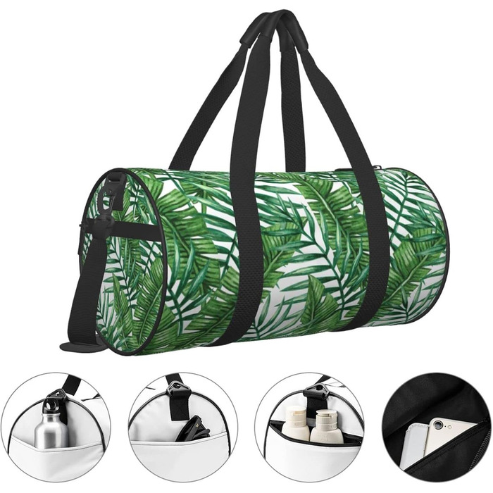 Спортивна сумка для подорожей, принт Листя банана, зелений малюнок, чорний колір, універсальний розмір