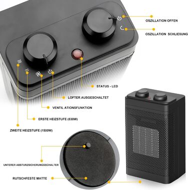 Енергозберігаючий вентилятор-обігрівач - 1500 Вт/2 с швидкий нагрів/3 режими нагріву/коливання 70/тихий обігрівач із захистом від перекидання та перегріву, керамічний вентилятор-обігрівач для офісу, спальні