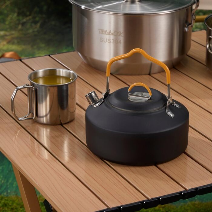 Набір посуду для кемпінгу, нержавіюча сталь 304, 10 предметів каструлі, сковорідки, чайник, сітчаста сумка для подорожей, кемпінгу, трекінгу, садових пікніків, туристичного спорядження