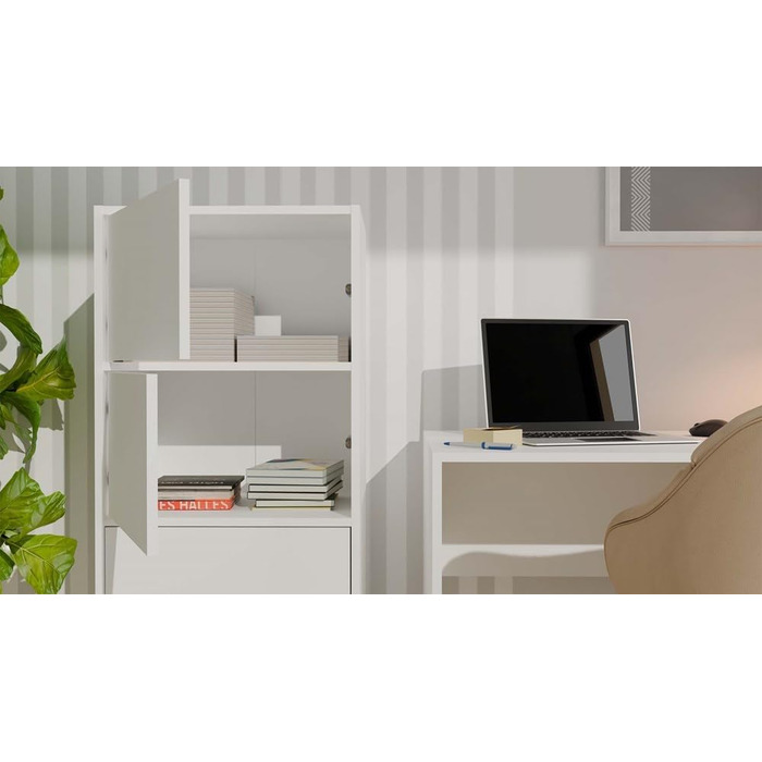 Комод CDF, шафа, висока шафа з 4 дверцятами та полицями - ІДЕАЛЬНО ДЛЯ ВІТАЛЬНІ - КОМПАКТНИЙ ТА СУЧАСНИЙ СТІЙКИЙ ТА УНІВЕРСАЛЬНИЙ Білий