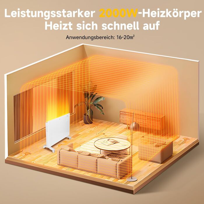 Електричний скляний конвекторний обігрівач Aigostar з пультом дистанційного керування для кімнат площею приблизно 30 м, радіатор з термостатом, енергозберігаючий ECO, тихий, 24-часовий таймер, окремостоячий/настінний, додаток Wi-Fi, 2000 Вт, чорний, білий