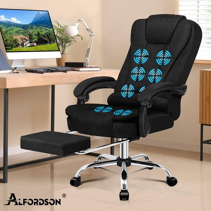 Офісне крісло ALFORDSON з функцією масажу, ергономічний дизайн з великою подушкою сидіння, поперекова підтримка, коліщатка для плавного пересування в офісі, чорний колір, лляна тканина Elias - чорний (льон) серія Elias