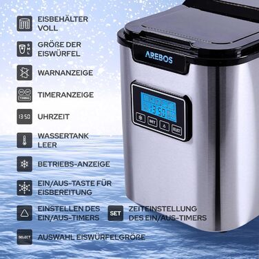 Машина для виробництва кубиків льоду Arebos Льодогенератор 12 кг / 24 год Час виготовлення 10-15 хвилин 3 розміри кубиків льоду Резервуар для води 2,2 л Льодогенератор Таймер і РК-дисплей Функція самоочищення