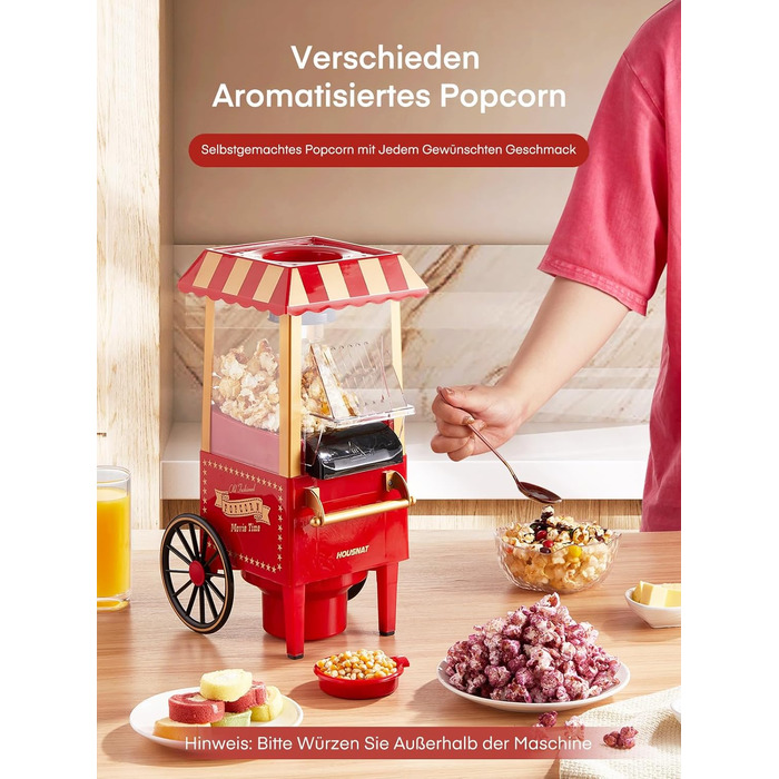 Машина для приготування попкорну HOUSNAT Гаряче повітря - Ретро маленька машина для приготування попкорну - Знежирена безолійна та здорова закуска Mas - Машина для приготування попкорну 1200 Вт для дому - Ніч кіно та Різдво - Червоний