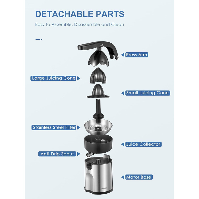 Електрична соковижималка для цитрусових, електрична соковижималка Reemix і соковижималка для апельсинів з професійним важелем, 2 прес-конусами для грейпфрута, апельсина та лимона, автоматичний старт-стоп (ABS нержавіюча сталь)