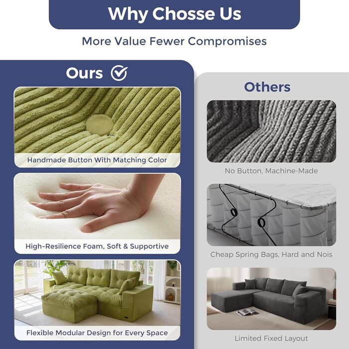 Диван MAXYOYO з функцією сну, кутовий диван L-подібної форми, вельветова тканина, 264x171 см, вельветовий диван, вітальня, розкладний диван з пуфом, універсальний, легко чиститься та підходить для домашніх тварин, не потребує складання (світло-зелений)