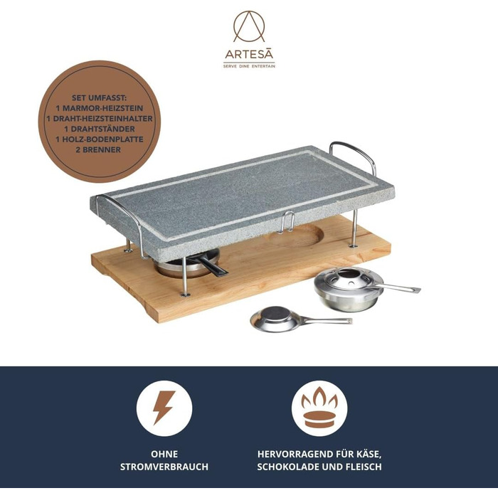 Кам'яний гриль для стейків, морепродуктів та овочів, 41.5 x 22 x 15 см - Мармуровий/Дерев'яний гриль з гарячим каменем у подарунковій коробці