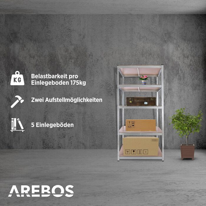 Полиця Arebos для важких умов експлуатації 200x90x60 см Вантажопідйомність 875 кг 5 полиць з МДФ Легке складання за допомогою вставної системи Оцинкована