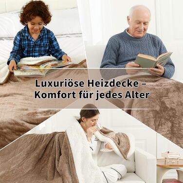 Ковдра з підігрівом 180x130 см, Ковдра з підігрівом та автоматичним вимкненням, 6 налаштувань нагріву, 10-годинний таймер, захист від перегріву, м&39яка фланель та шерпа, можна прати в пральній машині, Ковдра з підігрівом для дивана, ліжка, офісу, бежевий