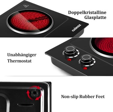 Інфрачервоні конфорки CUSIMAX 2 шт. електричні, склокерамічна варильна поверхня 2 варильні поверхні з термостатом для захисту від перегріву, подвійна конфорка ідеальна для приготування їжі, кемпінгова конфорка нержавіюча сталь чорна склокераміка 50.0 * 33