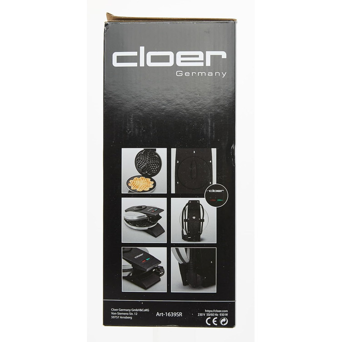 Вафельниця Cloer 1639SR, вафля у вигляді серця 15,5 см Ø, подвійне антипригарне покриття, стійка до цукру, 930 Вт, підвісний кошик, практична функція підставки, високоякісний корпус з нержавіючої сталі, нержавіюча сталь