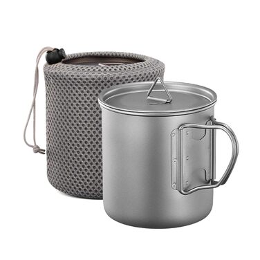 Титанова чашка для кемпінгу 600 мл, надлегка, з чистого титану, з сумкою для зберігання, для походів та трекінгу на свіжому повітрі
