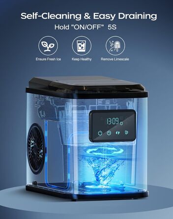 Машина для льоду з нержавіючої сталі KeeGone зі світлодіодним дисплеєм, льодогенератор Льодогенератор і функція очищення, резервуар для води на 2 л, включаючи лопату для льоду та кошик, 2 розміри кубиків льоду для кухні, офісу, бару та вечірки