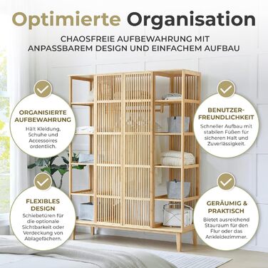 Вішалка для одягу Hudiksvall з рейкою для одягу, 2 двері, підставка для шафи, полиця для взуття, стояча шафа, 185 x 140 x 45 см, бамбукова шафа