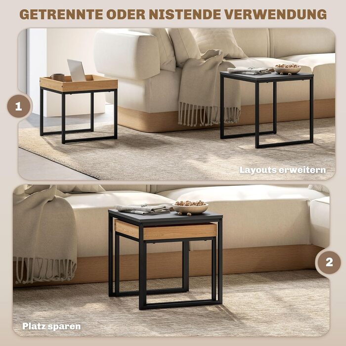 Набір журнальних столиків HOMCOM із 2 шт. , столики-гніздові, квадратні бічні столики зі знімним підносом, сталевий каркас, стіл для вітальні, журнальний столик, диван-столик для вітальні та спальні, чорний дуб