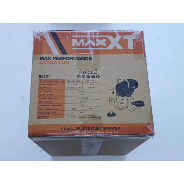 Безповітряний фарборозпилювач MAXXT - Макс. Витрата 1,6 л/хв - 226 бар - Підходить для фарб і глазурі - У комплекті шланг 7,5 м - Розпилювальний наконечник 517 - Система розпилення фарби DIY-проекти в саду, огорожі та фарбування стін