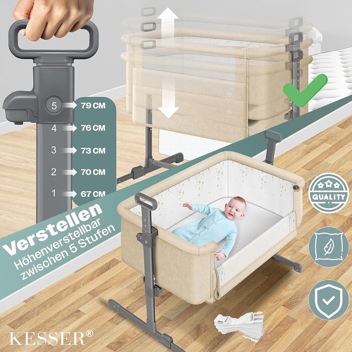 Дитяче ліжечко KESSER Hubi 3в1 для подорожей з м'яким матрацом, на коліщатках, 5-позиційне регулювання висоти, складна бічна стінк