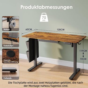 Електрично регульований по висоті стіл 120x60 см, стіл для роботи сидячи та стоячи з 3 налаштуваннями висоти та функцією пам&39яті, регульований комп&39ютерний стіл з шухлядами для домашнього офісу/кабінету, коричневий