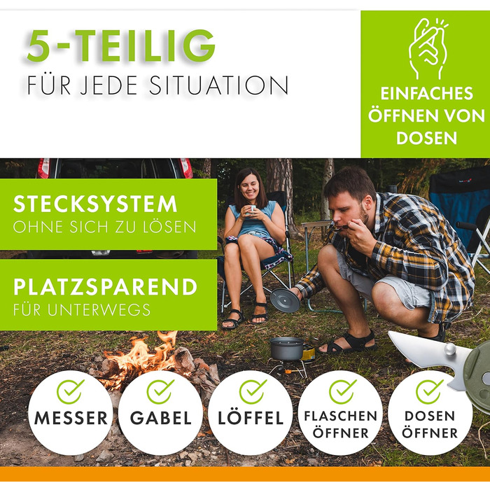 Набір столових приборів з нержавіючої сталі для кемпінгу з 6 предметів, сріблясто-зелений, 2 шт.