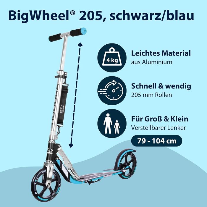 Самокат HUDORA BigWheel 205 стабільний алюмінієвий міський самокат, складаний, з регулюванням висоти та підніжкою, для дітей та дорослих до 100 кг, синій/чорний