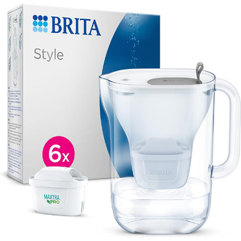 Фільтр для води BRITA Style світло-сірий (2,4 л) вкл. 6 шт. MAXTRA PRO all-in-1 картридж фільтр для води в сучасному дизайні для холодильника для зменшення вапняного нальоту, хлору, таких металів, як свинець і мідь.