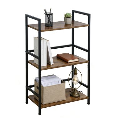 Полиця, Мала книжкова полиця, 3-рівнева стійка для зберігання, Книжкова полиця, Стелаж для вітальні, спальні, офісу, ванної кімнати, кухні, 42 x 28 x 70 см, Рустикальний коричневий 3 полиці