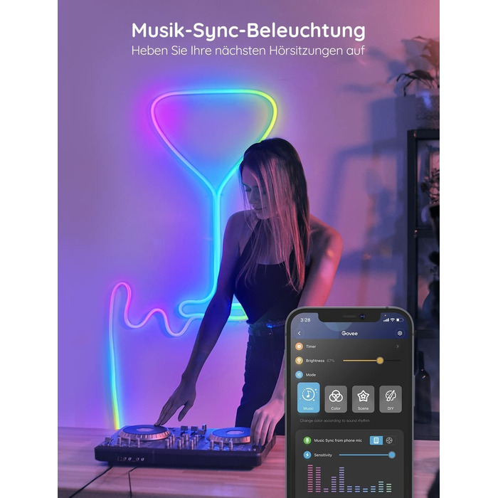 Неонова світлодіодна стрічка Govee 3 м, RGBIC неонова світлодіодна стрічка з керуванням програмою, працює з Alexa та Google Assistant, світлові ефекти своїми руками, синхронізація музики, неонова стрічка для вітальні, спальні, декор стін