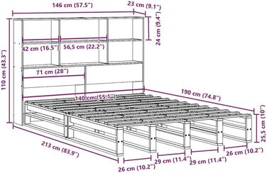 Ліжко vidaXL з масиву дерева, ліжко з книжковою полицею (матрац не входить до комплекту), дерев&39яний каркас ліжка з рейковою основою, ліжко з палет, двоспальне ліжко для спальні, 140x190 см, коричневий колір.