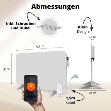 Розумний інфрачервоний обігрівач FlinQ 450 Вт Електричний радіатор Інфрачервоний настінний та окремостоячий пристрій Електричний обігрівач для ванних кімнат З термостатом Біла панель 450 Вт