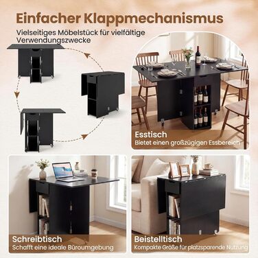 Розкладний обідній стіл COSTWAY, кухонний стіл на колесах, шухляда та 2 полиці, розкладний стіл для 2-4 осіб, обідній стіл для невеликих приміщень, їдальня, кухня, 120 x 72 x 75 см (чорний) чорні колеса з поліуретану