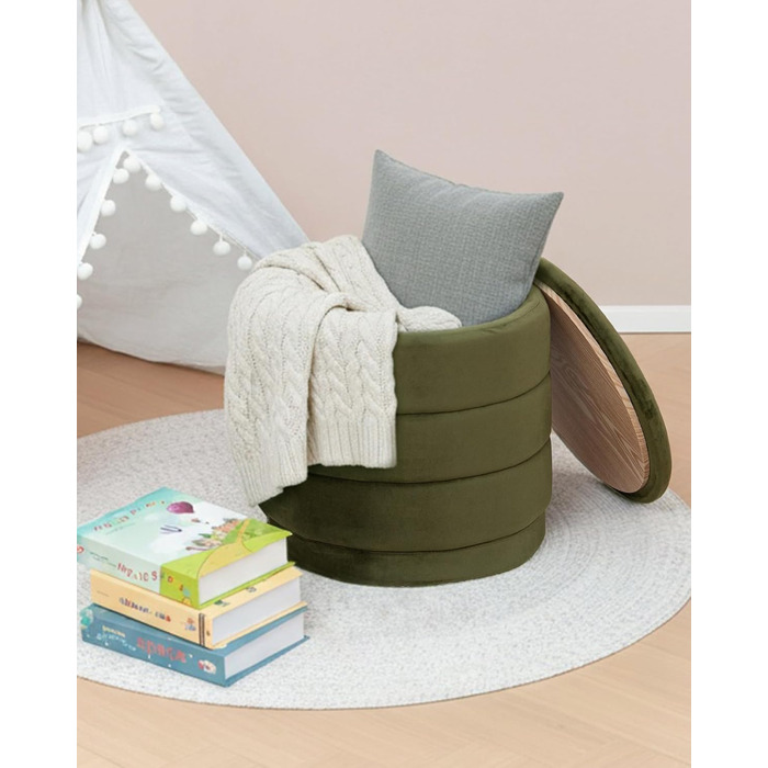 Круглий пуф Bonlife з кришкою, складна підставка для ніг зі столиком, пуф для вітальні, спальні, коридору, оливковий оксамит, 39x39x37 см 39 см оливковий