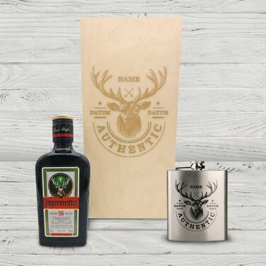 Подарунковий набір із гравіюванням для термосів - Термос з нержавіючої сталі 150 мл з гравіюванням - Включає пляшку Jgermeister 350 мл та гравіровану дерев&39яну коробку - Подарунок на День батька для тата - Колір Олень