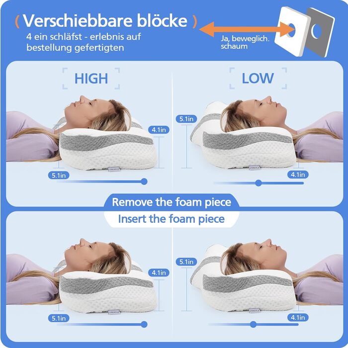 Подушка з піни з ефектом пам'яті XJIANFU, ортопедична подушка для голови, подушка для підтримки шиї, подушка для сну на боці, подушка з піни з ефектом пам'яті ((57*38 см, білий і сірий)