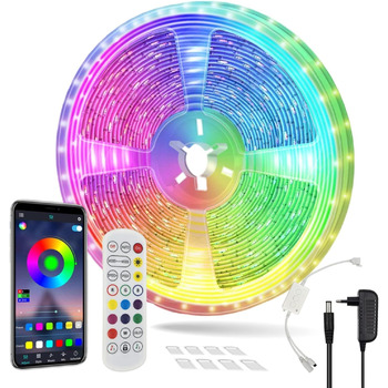 Світлодіодна стрічка Aitesuo 7.5 м, світлодіодна стрічка Bluetooth RGB з керуванням і пультом дистанційного керування, синхронізація з музикою, затемнення, світлодіодна стрічка самоклеюча, струнні світильники, що змінюють колір, для вечірки, дому, прикрас