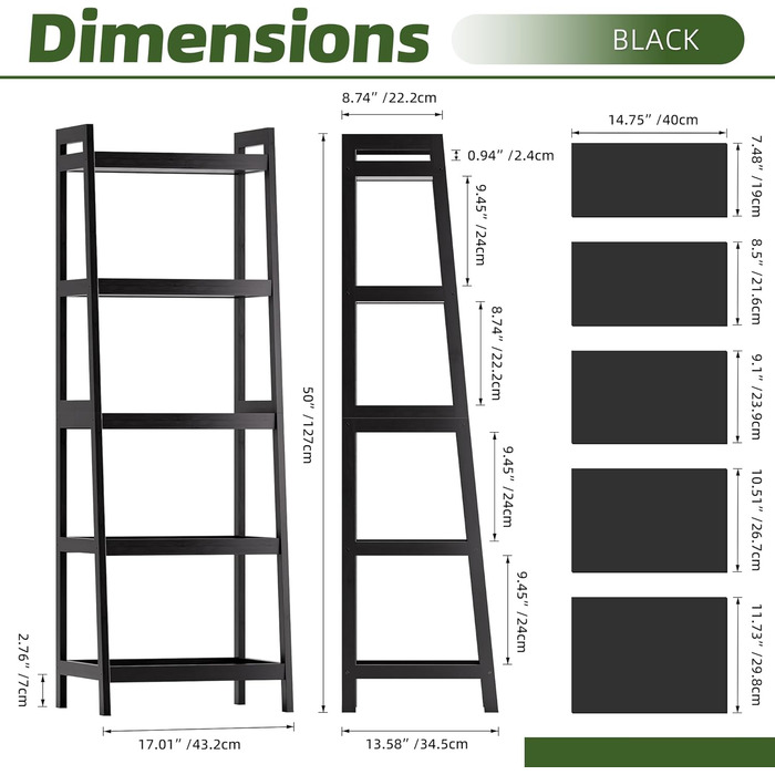 Книжкова полиця, 5-ярусна книжкова полиця-драбина з бамбуковим каркасом, окремостояча висока, вузька полиця для рослин для вітальні, кухні, спальні, балкону, чорна