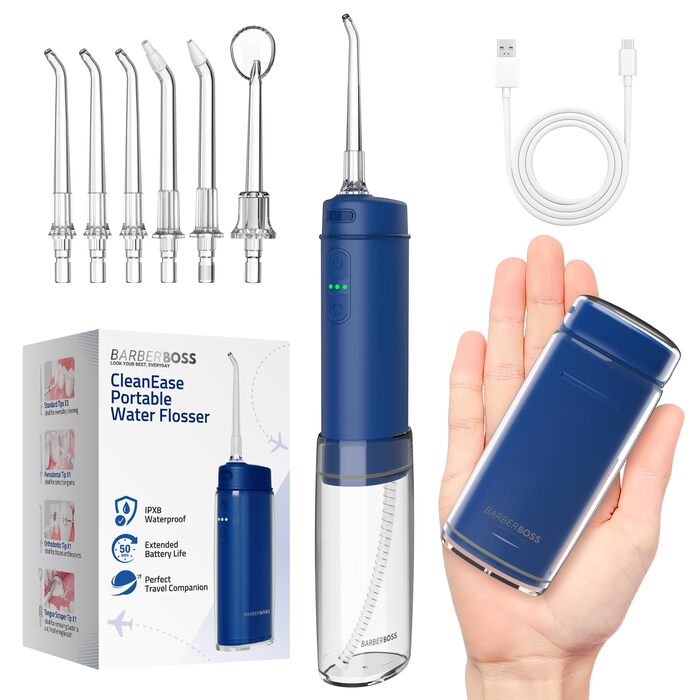 Портативний іригатор для зубів, 6 насадок у комплекті, USB-C зарядка, 3 режими тиску, ідеальний для подорожей (Колір Морський)